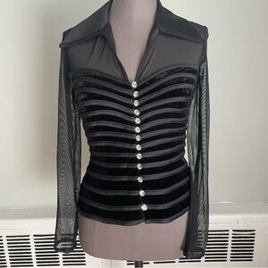 JS Collections Black mesh & velvet striped sweetheart neck evening top